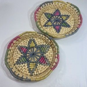 Vintage Natural Coiled Weaved Straw Woven‎ Round Basket Bowls Lot Of 2 VTG Decor